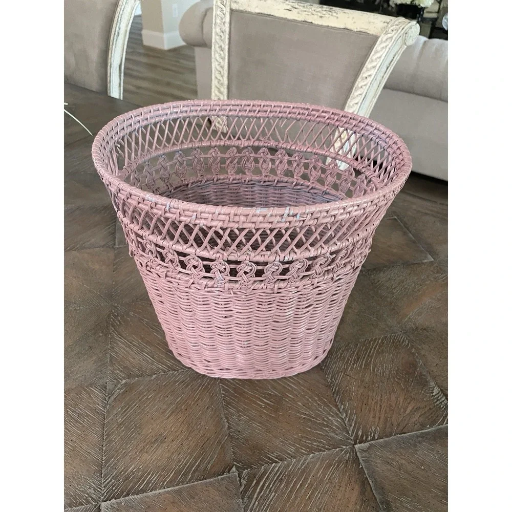 Vintage  Pink  Wicker Rattan Woven Waste Basket Trash Can Bin